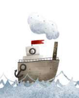 A wooden steamship with an anchor floats on the blue sea. Picture for boys. Hand drawn illustration, isolated design for print, textile, stickers png