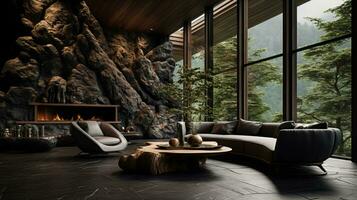 Interior Design, Living room with serene nature view, Beautiful mansion design in the forest, AI Generative photo