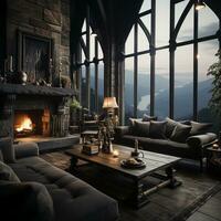 Interior Design, Beautiful Living room Gothic Style, Luxury Mansion, Elegant tall window, AI Generative photo