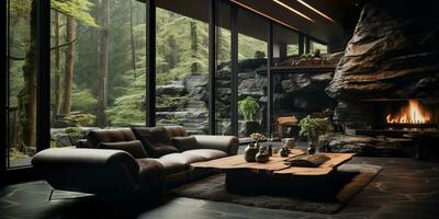 Interior Design, Living room with serene nature view, Beautiful mansion design in the forest, AI Generative photo