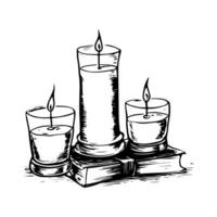 A composition of burning candles and a book, doodle handdrawing set, sketch on white background, concept of comfort vector