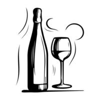 A bottle and a glass of wine illustration, simple icon, silhouette on white background, doodle minimalistic style vector