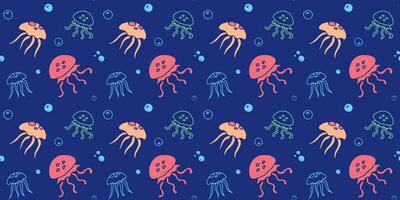 Jellyfish seamless pattern, editable doodle illustration, marine blue background with bright multicolored jelly fish vector