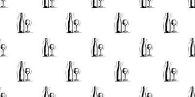Bottle and glass of wine seamless pattern, black contour on white background, editable doodle illustration vector