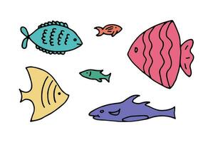 Set of bright fish doodle line hand drawn vector illustration