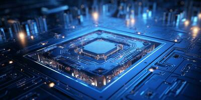 High-tech Computer chip close up shot, production of electronic, circuit board, futuristic design, extreme detail, AI Generative photo