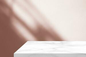 Minimal White Marble Table Corner with Shadow and Pink Light Beam on Concrete Wall Background, Suitable for Product Presentation Backdrop, Display, and Mock up. photo