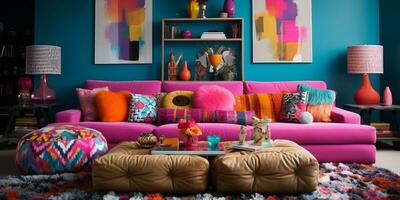 Furnished Modern Living room, bright blue and pink color palette, interior design, AI Generative photo