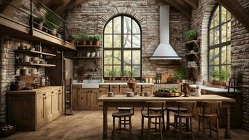 rústico casa de Campo cocina, elegante espacioso Cocinando área, interior diseño, ai generativo foto