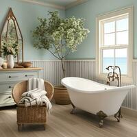 Bathroom in blue and white color, inspired beach design, AI Generative photo