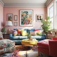 Furnished Modern Living room, bright blue and pink color palette, interior design, AI Generative photo