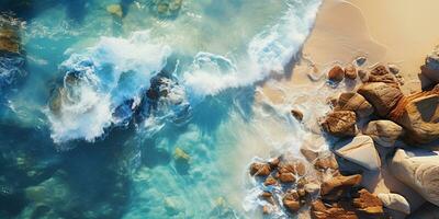 Relaxing aerial view beach, nature holiday template banner, sea shore, coastline, AI Generative photo