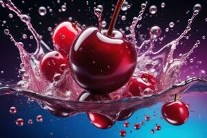 Cherries in water splash on black background. Generative AI photo