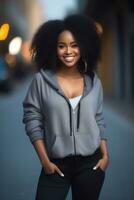 Beautiful black skin young woman wearing sweater hoodie stay and posing on city street. Focus with bokeh. Generative AI photo