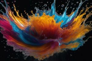 Color liquid splashes on black background. Generative AI photo