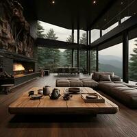 Interior Design, Living room with serene nature view, Beautiful mansion design in the forest, AI Generative photo