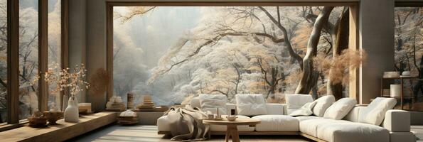 Interior Design, Minimalistic Living room with serene nature view, Beautiful villa design in the forest, AI Generative photo