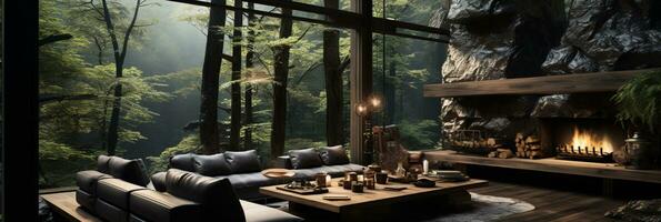 Interior Design, Living room with serene nature view, Beautiful mansion design in the forest, AI Generative photo