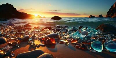 Beautiful Glass Beach, colorful pebbles, Fantasy seascape, dreamy atmosphere, AI Generative photo