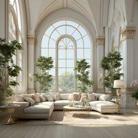 Interior Design Luxurious modern Living room, minimal tall window, Cozy sofa, serene nature scenery, Elegant villa, AI Generative photo