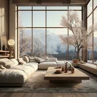Interior Design, Minimalistic Living room with serene nature view, Beautiful villa design in the forest, AI Generative photo