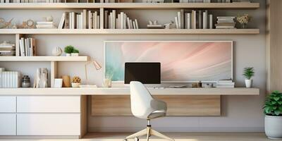 Contemporary furnished home office, comfortable office, workspace with desk and chair, stylish interior design, AI Generative photo