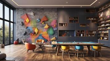 A beautiful Interior design of a colorful kindergarten, educational playroom, kid learning space, nursery, AI Generative photo