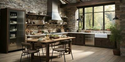 Rustic farmhouse kitchen, stylish spacious cooking area, interior design, AI Generative photo