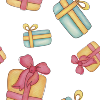 yellow, blue gift boxes seamless pattern background. watercolor holiday print for wrapping gifts, stickers, tape, ribbons. Happy Birthday, valentine's day, Merry Christmas cards design, wallpaper png