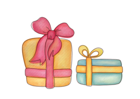 set of Hand drawn watercolor present gift boxes with silk ribbon with gentle stroke on transparent background. illustration for wrapping, fabric print, social media, blog articles, Birthday party png