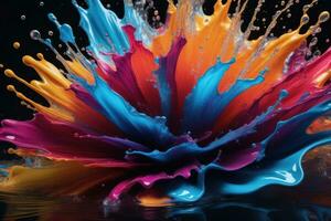 Color liquid splashes on black background. Generative AI photo