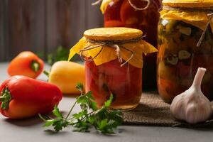 Homemade jars of pickled peppers and tomatoes on a rustic wooden background. Pickled and canned product. Next ingredients for cooking. photo