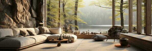 Interior Design, Minimalistic Living room with serene nature view, Beautiful villa design in the forest, AI Generative photo