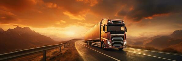 Trucks driving on highway, rural landscape, dramatic sunset, transportation on road, AI Generative photo