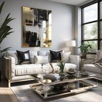 Luxurious furnished Living room, spacious cozy sofa, black and white monochrome palette, elegant interior design, AI Generative photo
