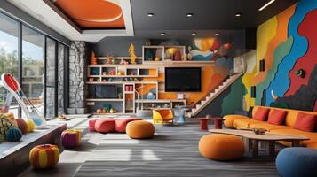 A beautiful Interior design of a colorful kindergarten, educational playroom, kid learning space, nursery, AI Generative photo