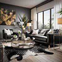 lujoso amueblado vivo habitación, espacioso acogedor sofá, negro y blanco monocromo paleta, elegante interior diseño, ai generativo foto