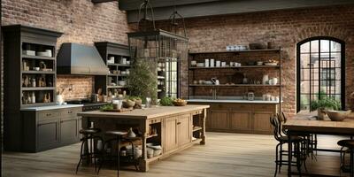 Rustic farmhouse kitchen, stylish spacious cooking area, interior design, AI Generative photo