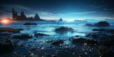 Fantasy seascape, Night view of the ocean, glowing sea, Beautifully starry night sky, dreamy atmosphere, AI Generative photo