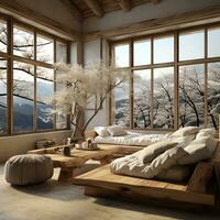 Interior Design, Minimalistic Living room with serene nature view, Beautiful villa design in the forest, AI Generative photo