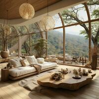 interior diseño, minimalista vivo habitación con sereno naturaleza vista, hermosa villa diseño en el bosque, ai generativo foto