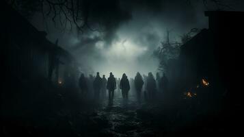 Ghost scenery Halloween background, Zombie Apocalypse, scary haunted cemetery, AI Generative photo