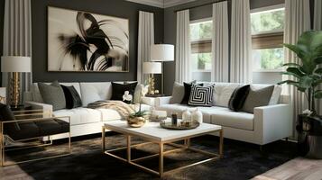 lujoso amueblado vivo habitación, espacioso acogedor sofá, negro y blanco monocromo paleta, elegante interior diseño, ai generativo foto