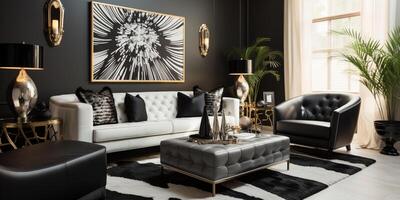 Luxurious furnished Living room, spacious cozy sofa, black and white monochrome palette, elegant interior design, AI Generative photo