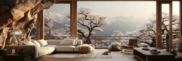 Interior Design, Minimalistic Living room with serene nature view, Beautiful villa design in the forest, AI Generative photo