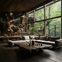 Interior Design, Living room with serene nature view, Beautiful mansion design in the forest, AI Generative photo