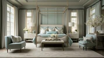 Luxurious furnished master bedroom suite, elegant interior design, modern house design concept, AI Generative photo