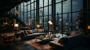 Interior Design modern Living room, windows show stunning view of the city skyline, Empty room apartment, AI Generative photo