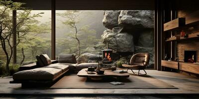Interior Design, Living room with serene nature view, Beautiful mansion design in the forest, AI Generative photo