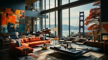 Interior Design modern Living room, windows show stunning view of the city skyline, Apartment room, AI Generative photo